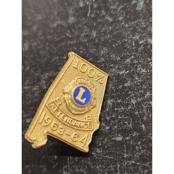 Lions Club 100% Attendance Pin 1963-64 Alabama Shape Gold Tone - Picture 3 of 5
